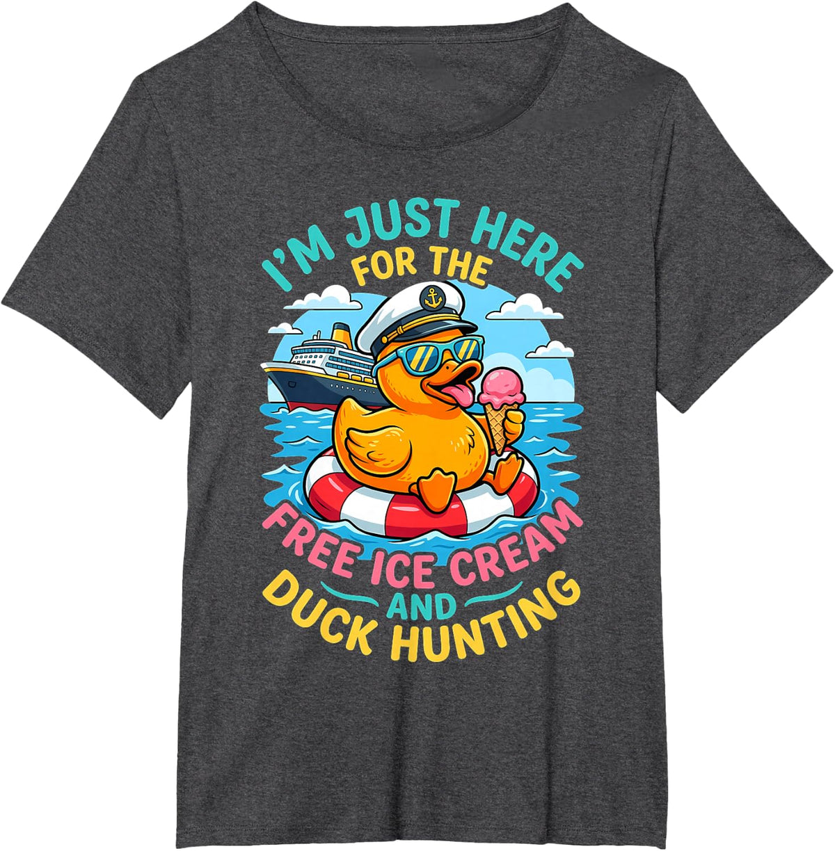 I'm Just Here for The Free Ice Cream and Duck Cruising T-Shirt - Dark Heather Grey