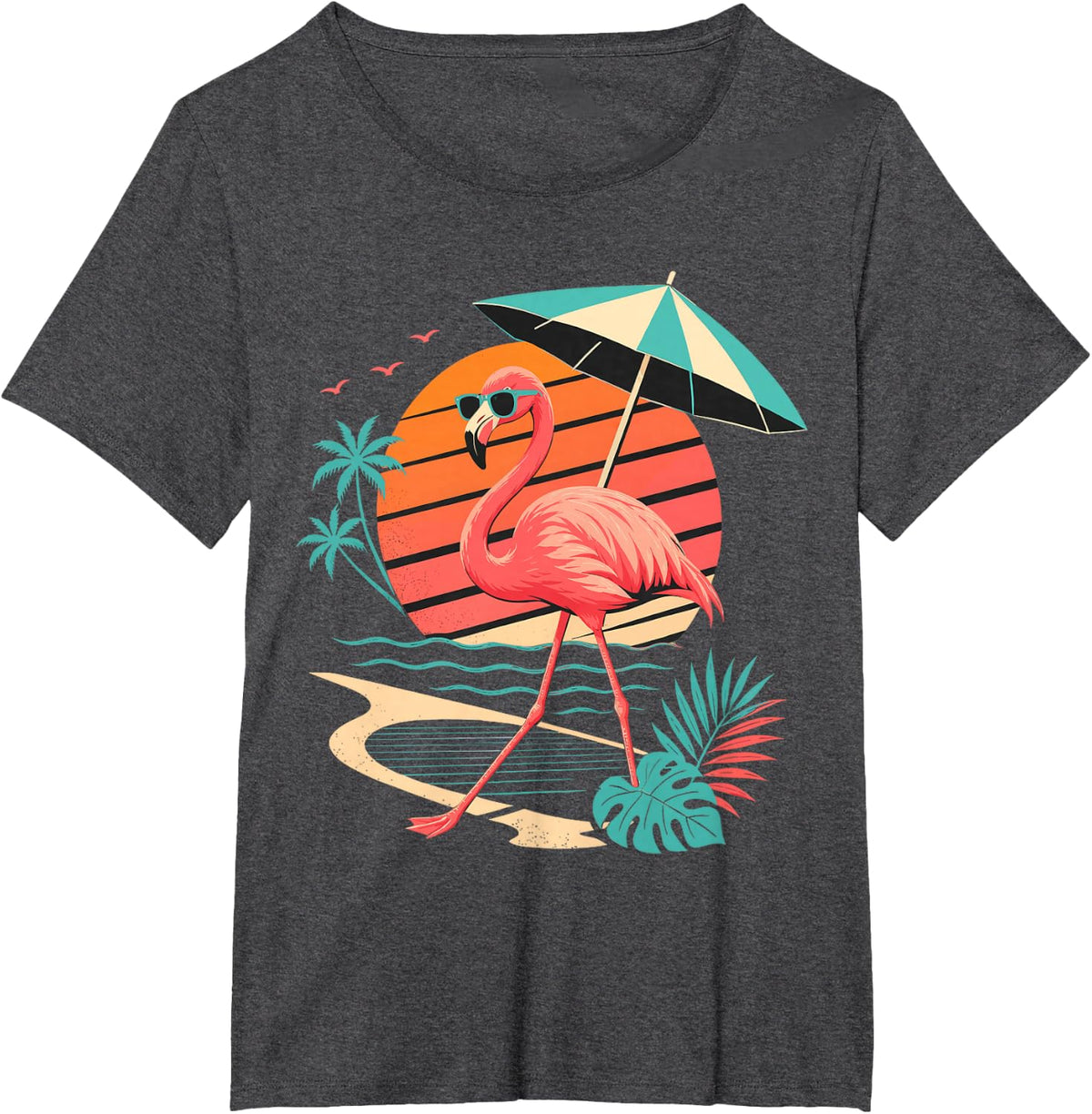 Flamingo with Sunglasses Tropical Beach Vacation T-Shirt - Dark Heather Grey