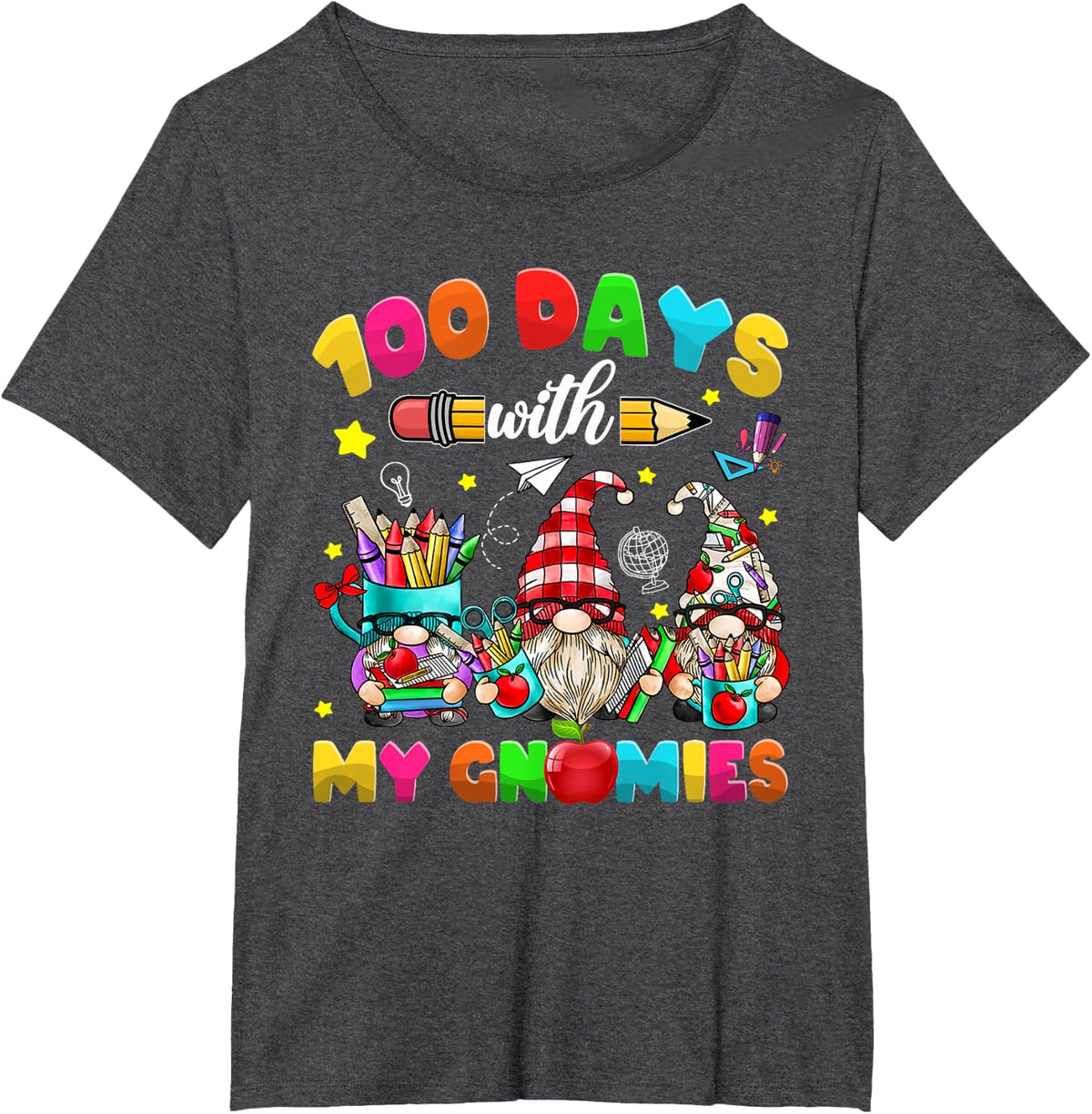 100 Days With My Gnomies Happy 100th Day Of School Gnome T-Shirt Tee For Kids Boys Girls - Dark Heather Grey