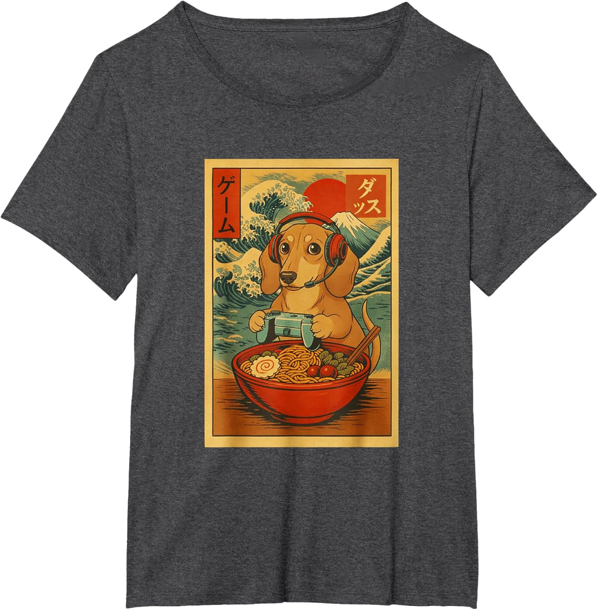 Dachshund Gaming Ramen Japanese Ukiyo-e Retro Graphic Tees T Shirts - Dark Heather Grey