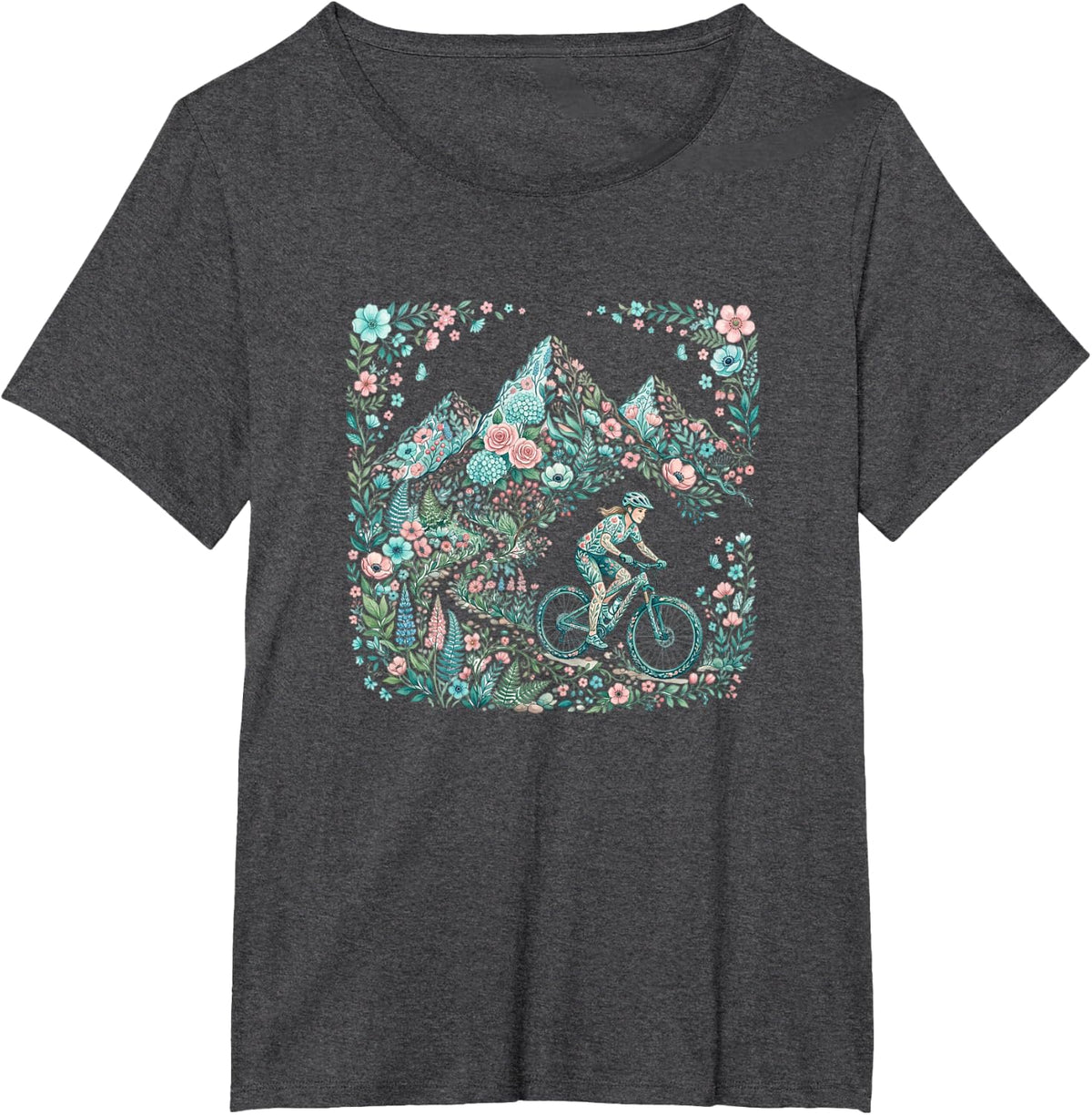 Pastel Mountain Bike Floral Trail Cycling T-Shirt - Dark Heather Grey