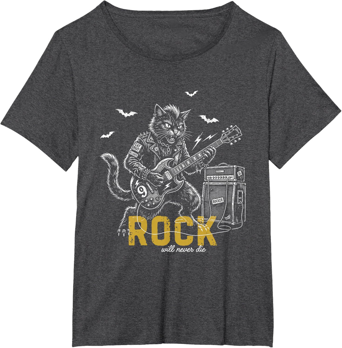 Guitar Player Black Cat Rocker Rock Will Never Die Vintage T-Shirt - Dark Heather Grey