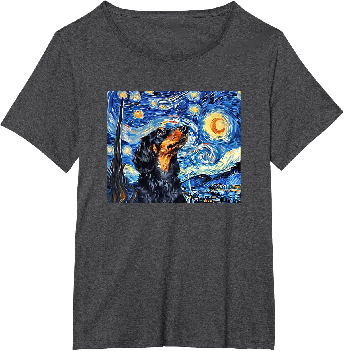 Funny Starry Night Black Long Haired Dachshund Lover T-Shirt - Dark Heather Grey