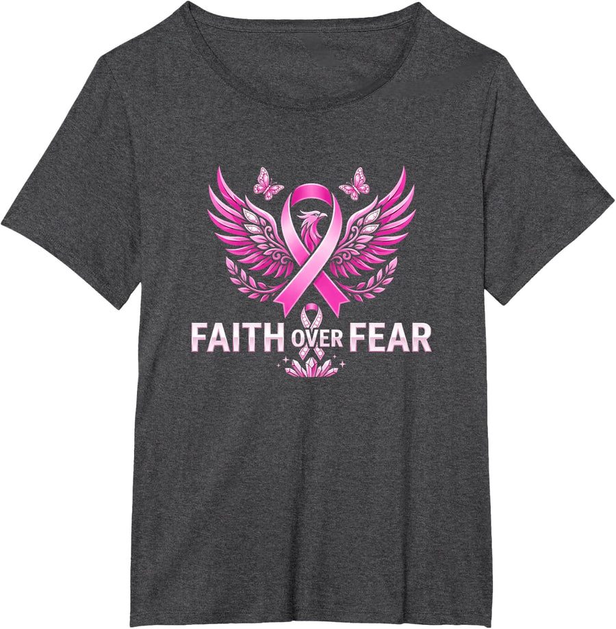 Faith Over Fear Pink Ribbon Crystal Cluster Breast Cancer T-Shirt - Dark Heather Grey
