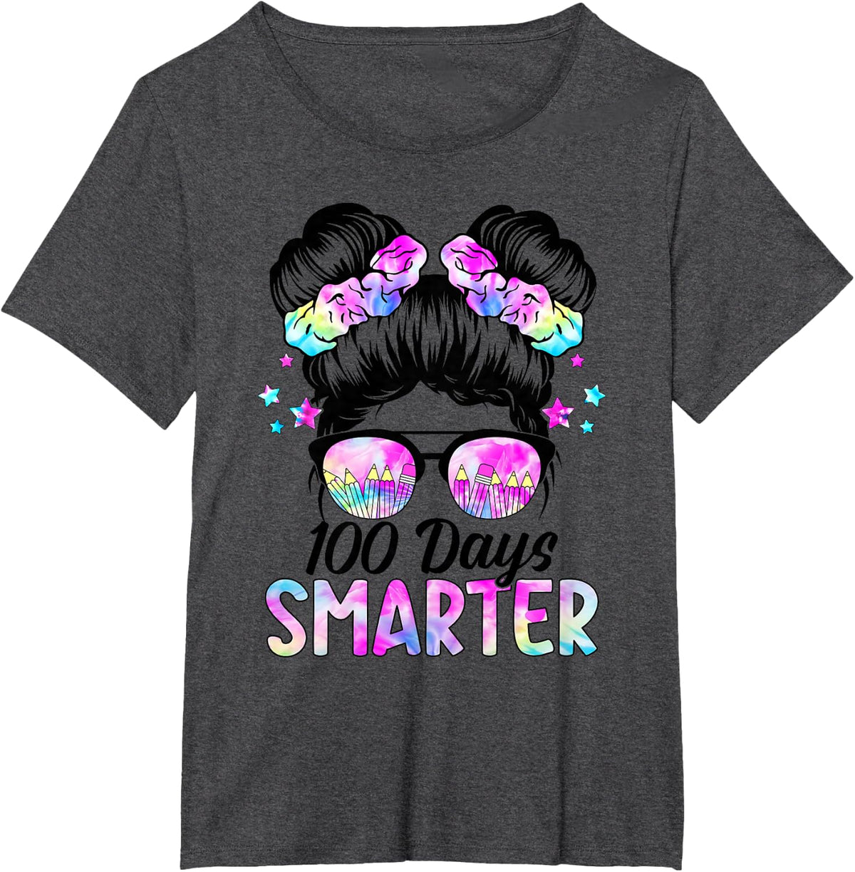 100 Days Smarter Girls 100th Day Of School Messy Bun Hair T-Shirt - Dark Heather Grey