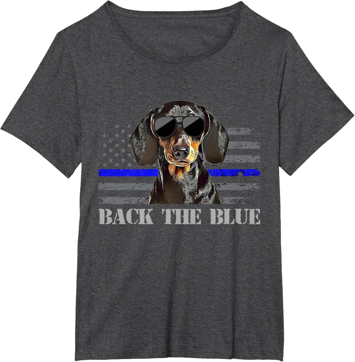 Dachshund Thin Blue Line American Flag Police Dog T-Shirt - Dark Heather Grey