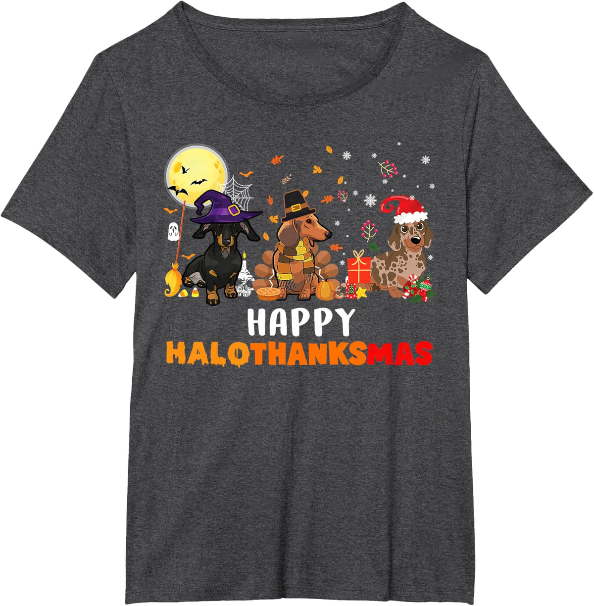 Happy Hallothanksmas Dachshund Dog Lover Halloween Christmas T-Shirt - Dark Heather Grey