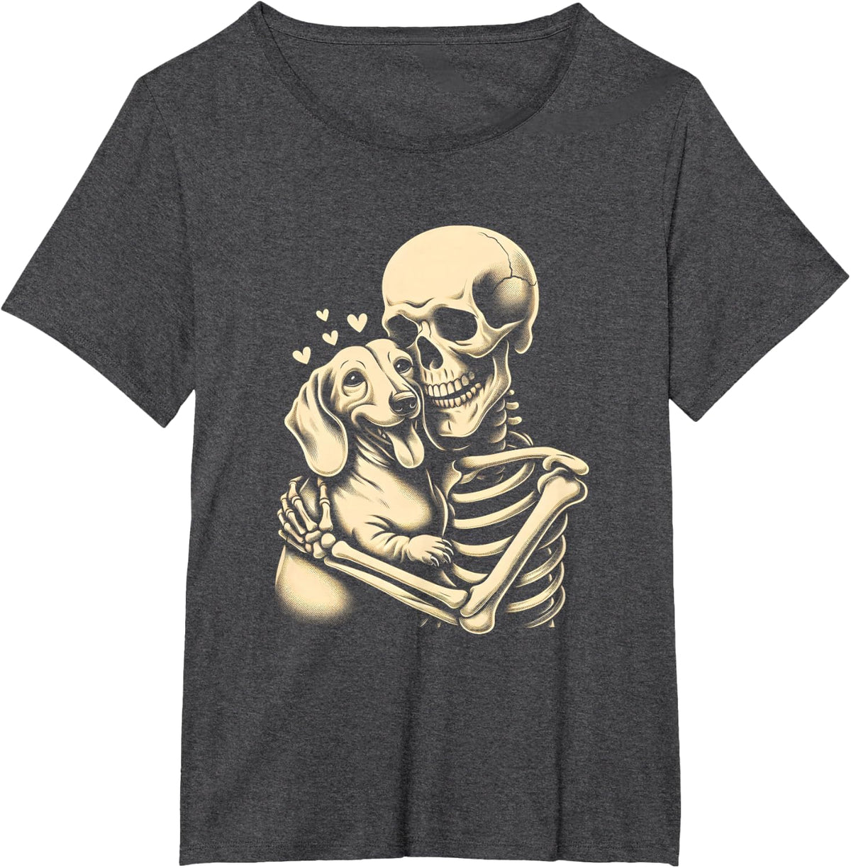 Skeleton Hugging Dog Halloween Dachshund Lover Dog Mom Dad T-Shirt - Dark Heather Grey