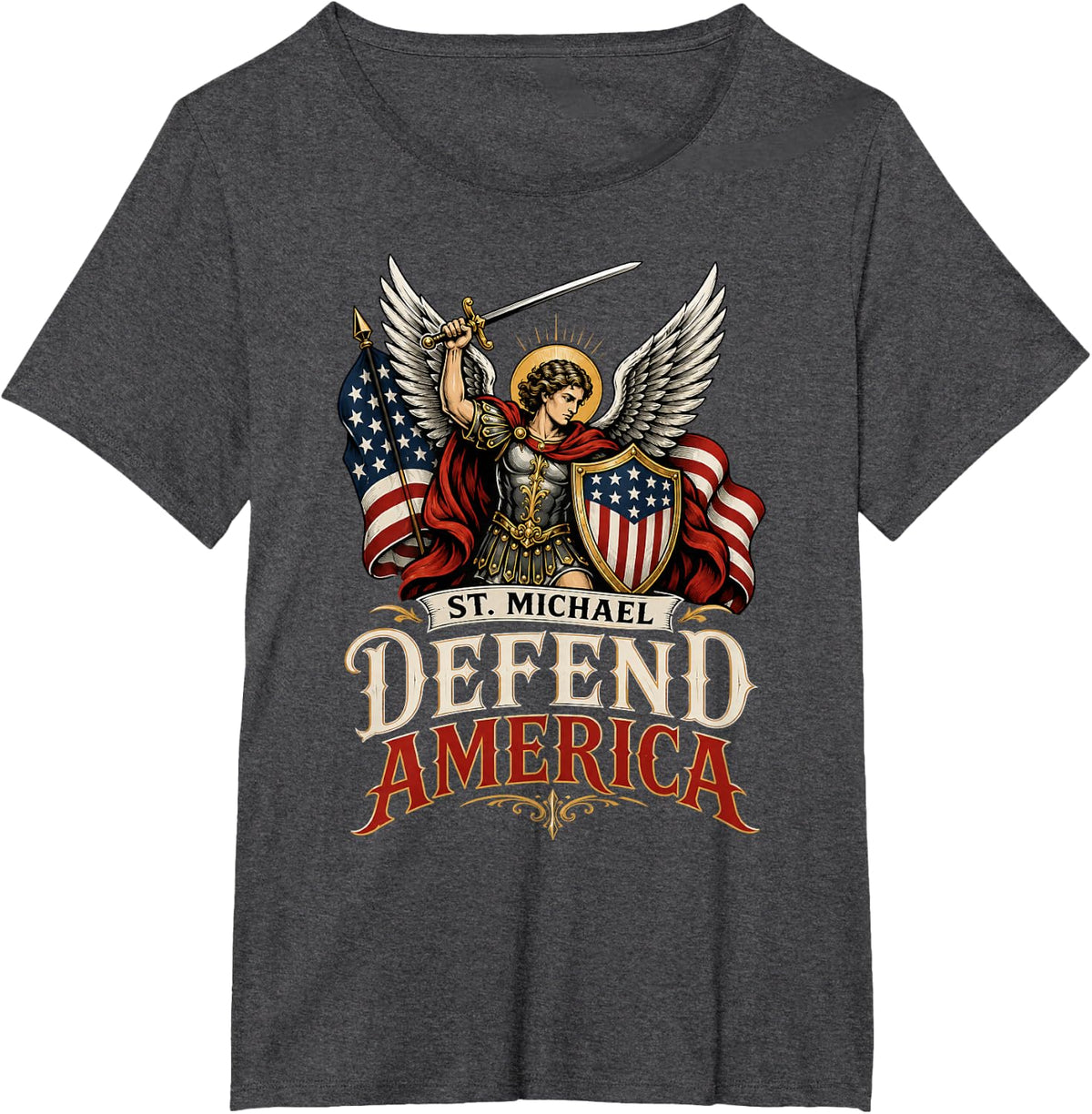 St Michael Defend America Christian Patriot Faith Freedom T-Shirt - Dark Heather Grey