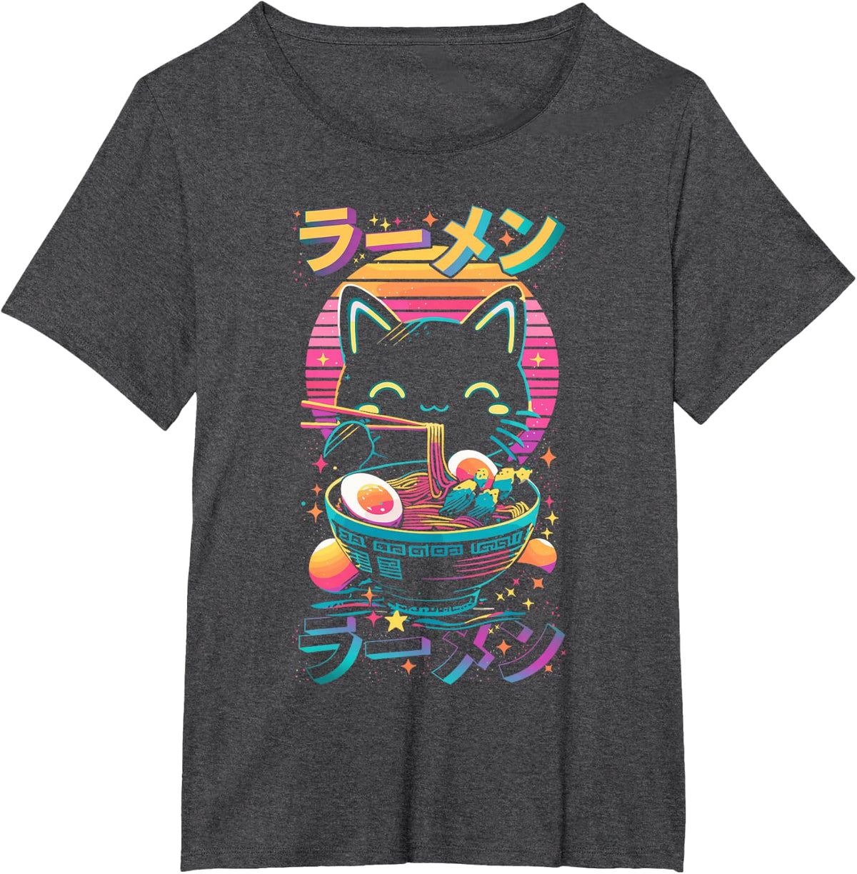 Anime Cat Eats Ramen Retro Kawaii Ramen Cat T-Shirt - Dark Heather Grey