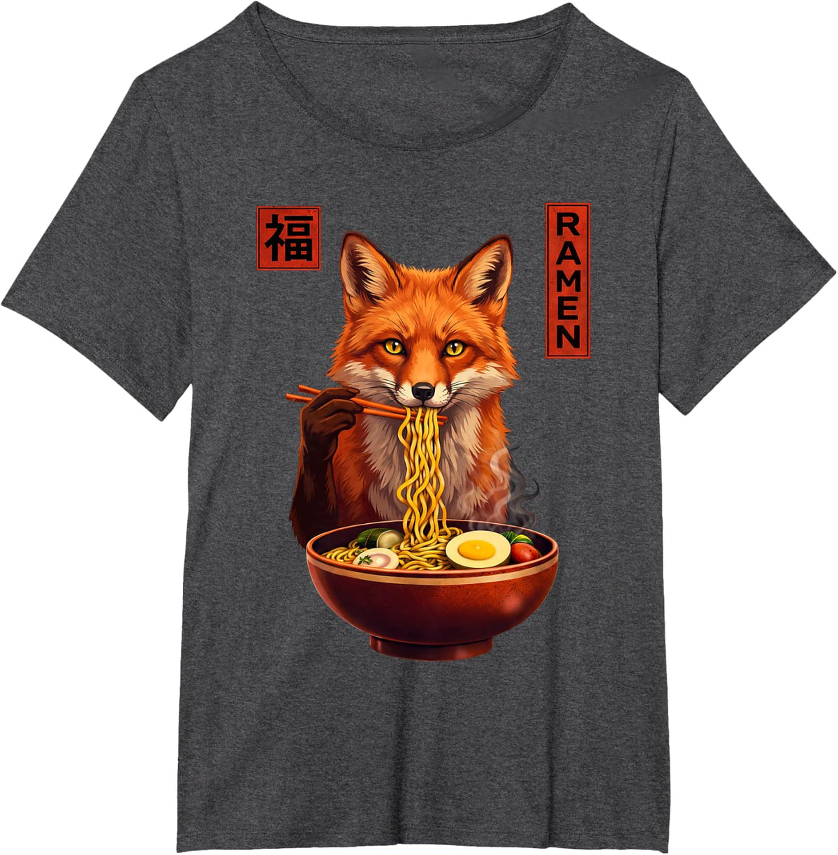 Fox Ramen Japanese Art Funny Anime Graphic Tee Kawaii T-Shirt - Dark Heather Grey