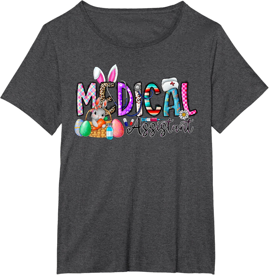 Retro Medical Assistant Bunny Eggs Easter Nursing Doctor T-Shirt - Dark Heather Grey