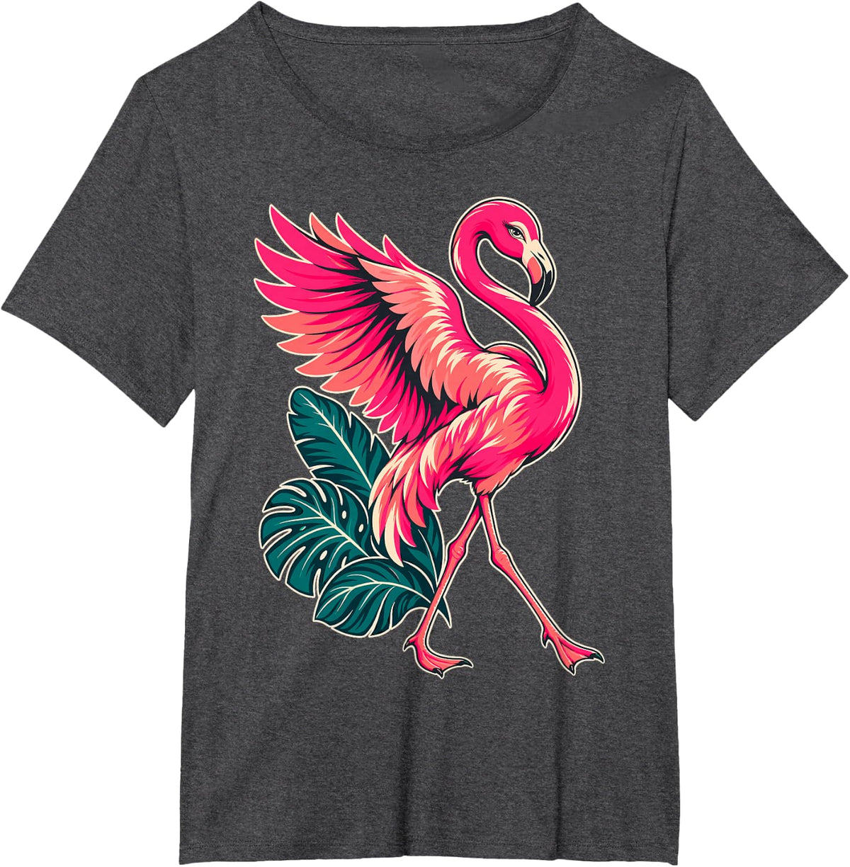 Pink Flamingo and Tropical Leaves Botanical Nature Art T-Shirt - Dark Heather Grey