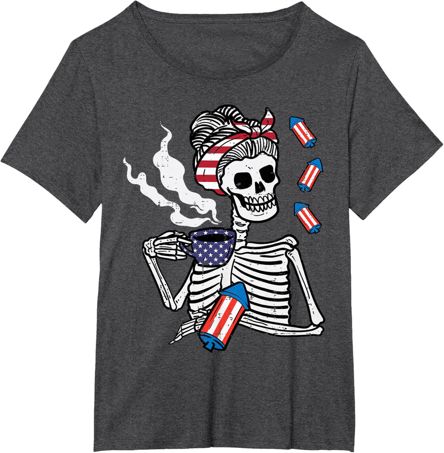 4th July Skeleton Messy Bun Coffee Funny Patriotic Mom Women T-Shirt - Dark Heather Grey