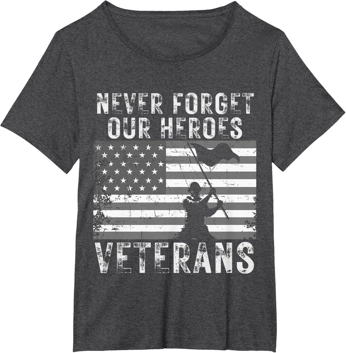 Never Forget Our Heroes Thank You Veterans American Flag USA T-Shirt - Dark Heather Grey