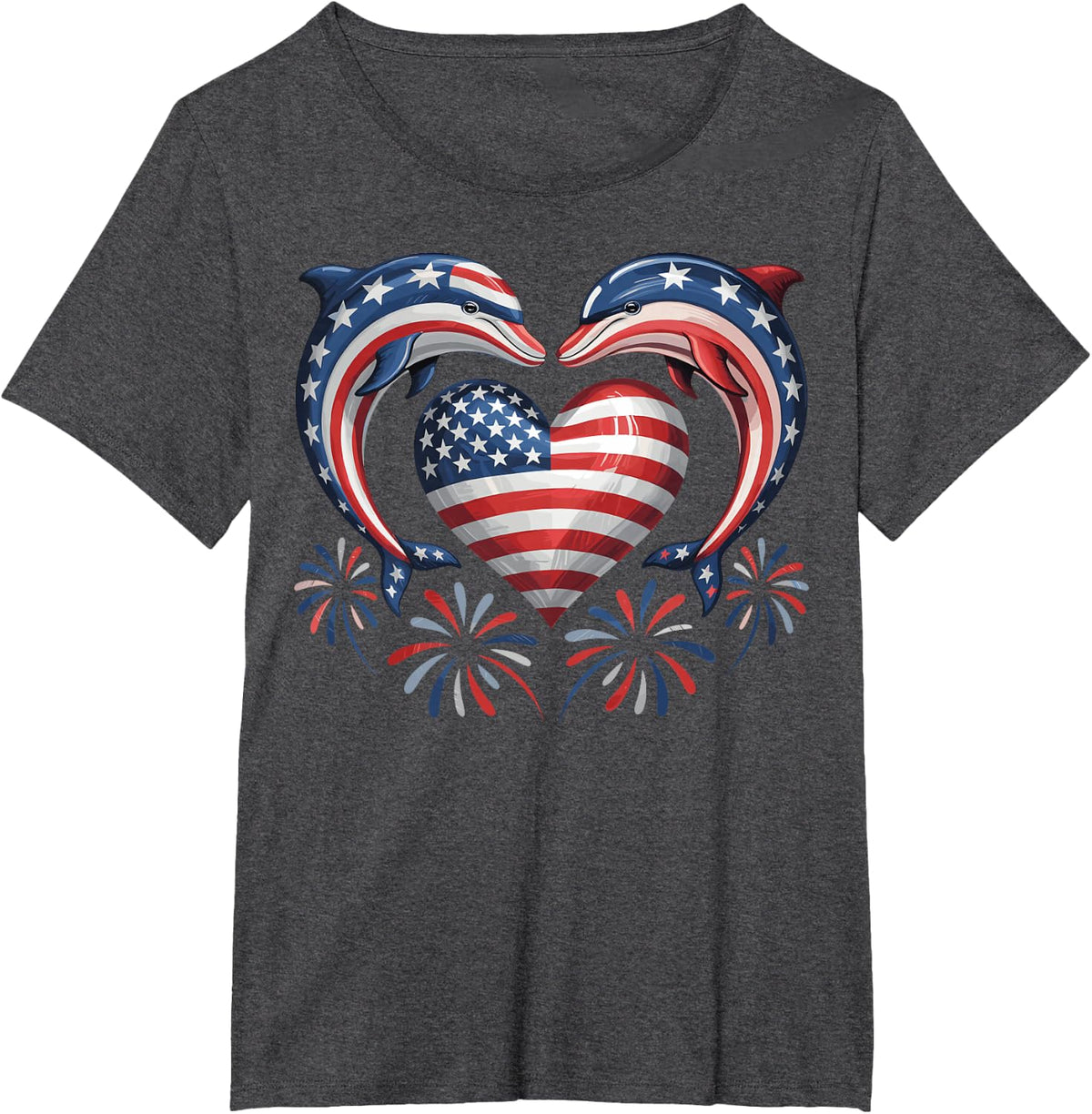 Patriotic Dolphin Heart Fireworks USA Flag 4th of July T-Shirt - Dark Heather Grey