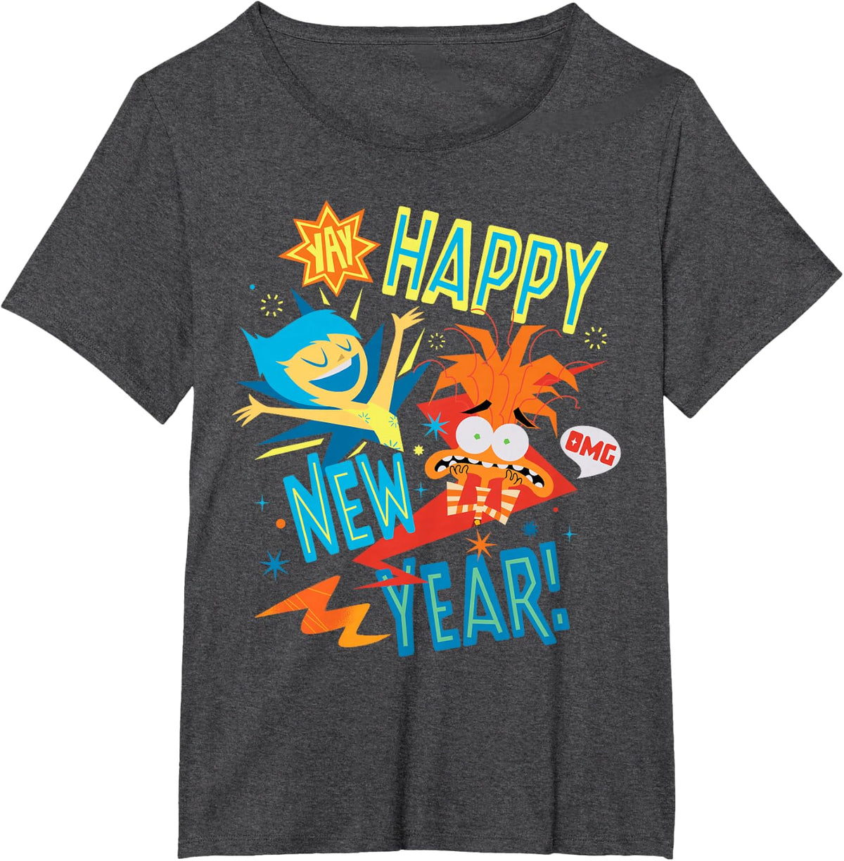 Disney and Pixar’s Inside Out 2 Joy & Anxiety Happy New Year T-Shirt - Dark Heather Grey