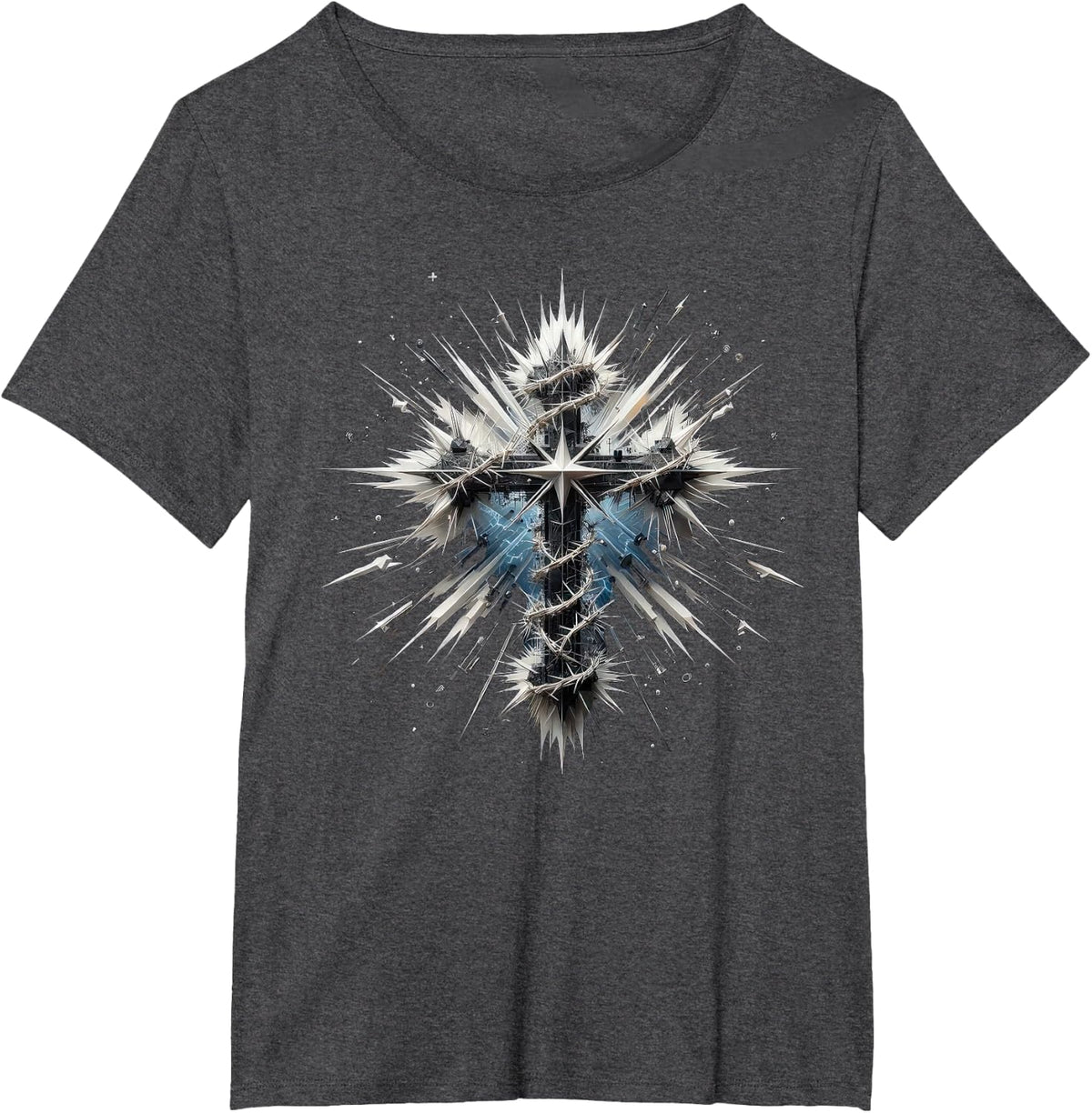 Christian Cross Punk-Art Style Distressed Crown of thorns T-Shirt - Dark Heather Grey