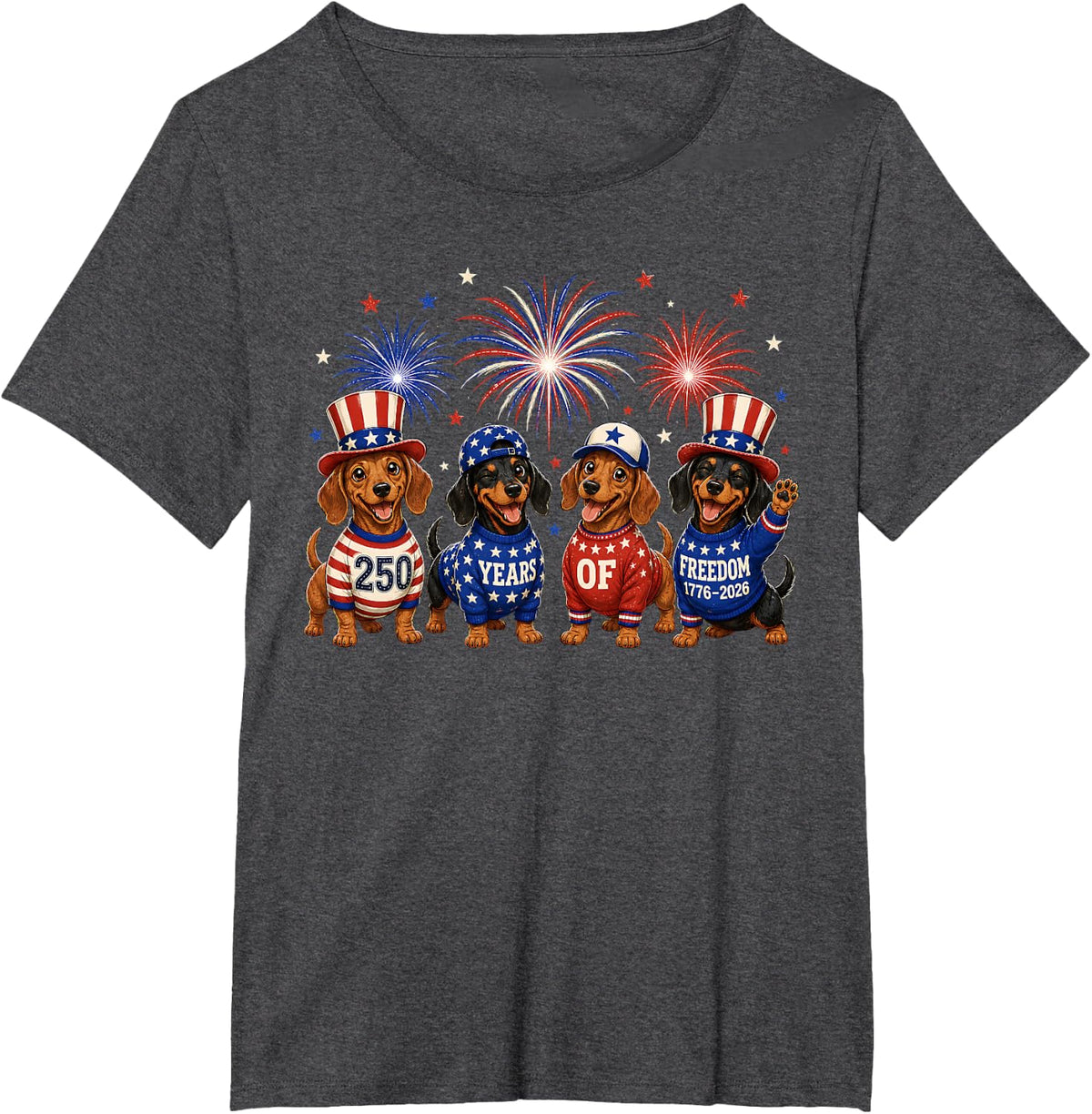 250 Anniversary USA Dog Dachshund Wiener 4th of July 250th T-Shirt - Dark Heather Grey