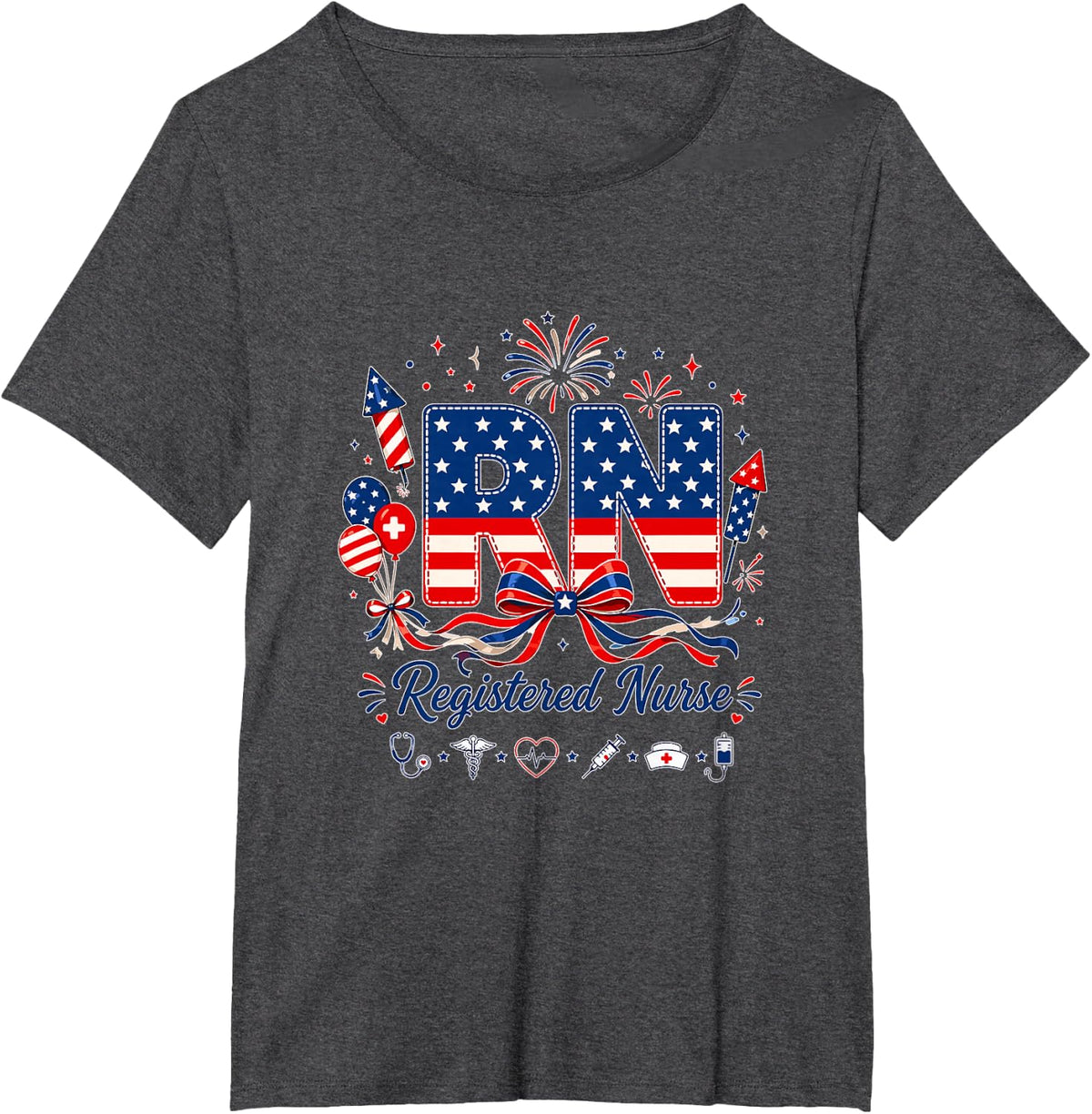 RN Registered Nurse 4th of July US Flag Fireworks Patriotic T-Shirt - Dark Heather Grey