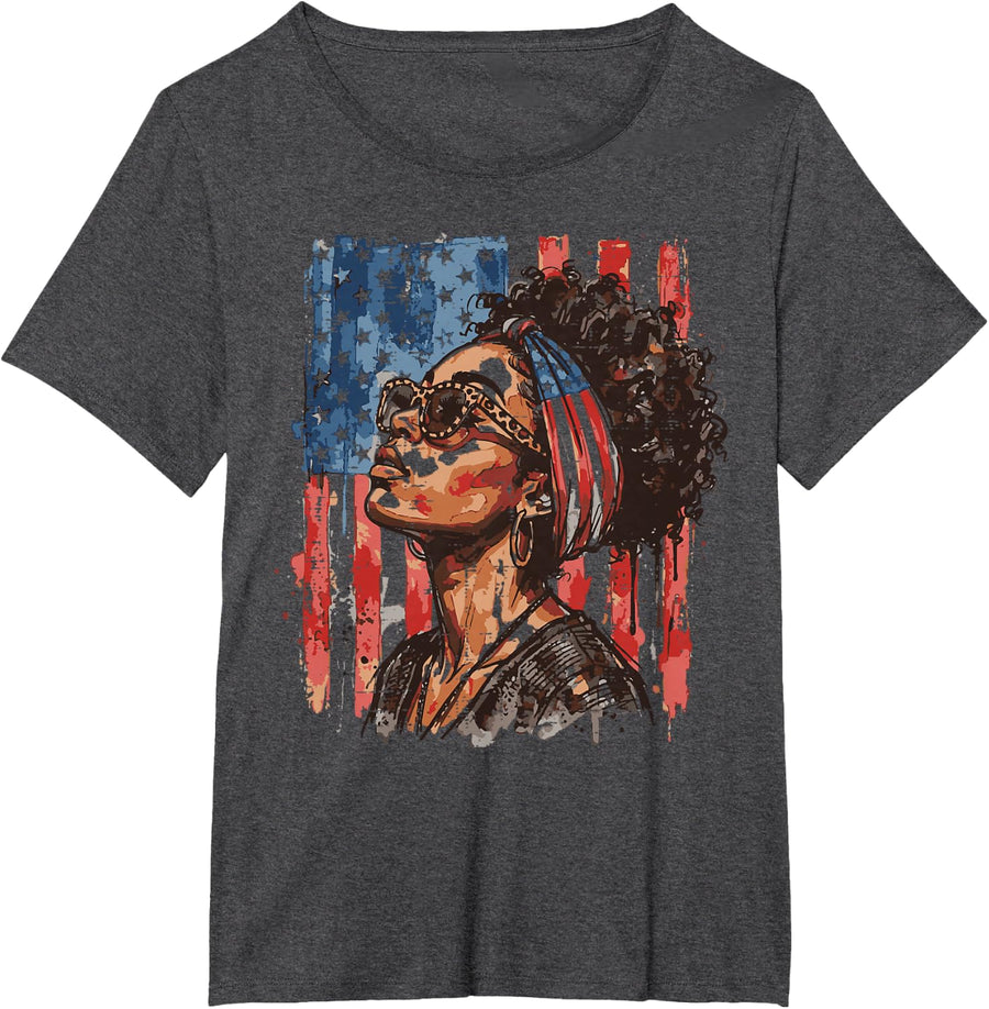 4th of July Afro Woman US Flag Patriotic Women Girls Kids T-Shirt - Dark Heather Grey
