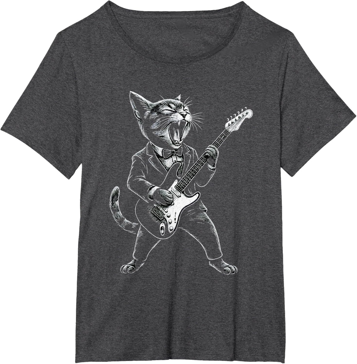 Funny Cat Wearing Tuxedo Playing Guitar, Rock and Roll Retro T-Shirt - Dark Heather Grey