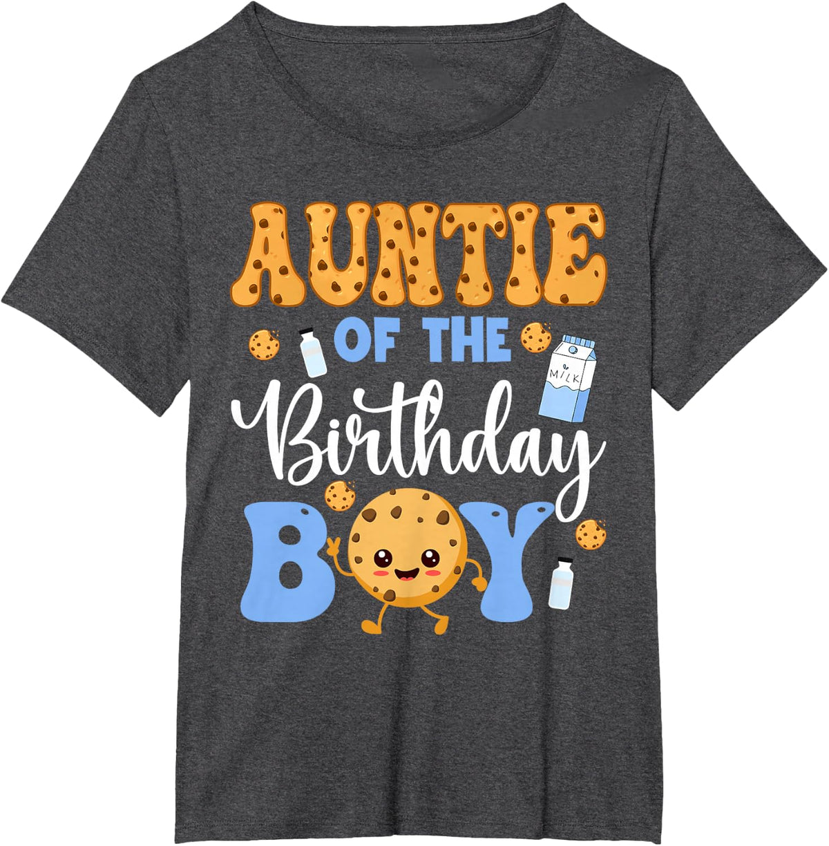 Auntie of The Birthday Boy Funny Milk and Cookies Party T-Shirt - Dark Heather Grey