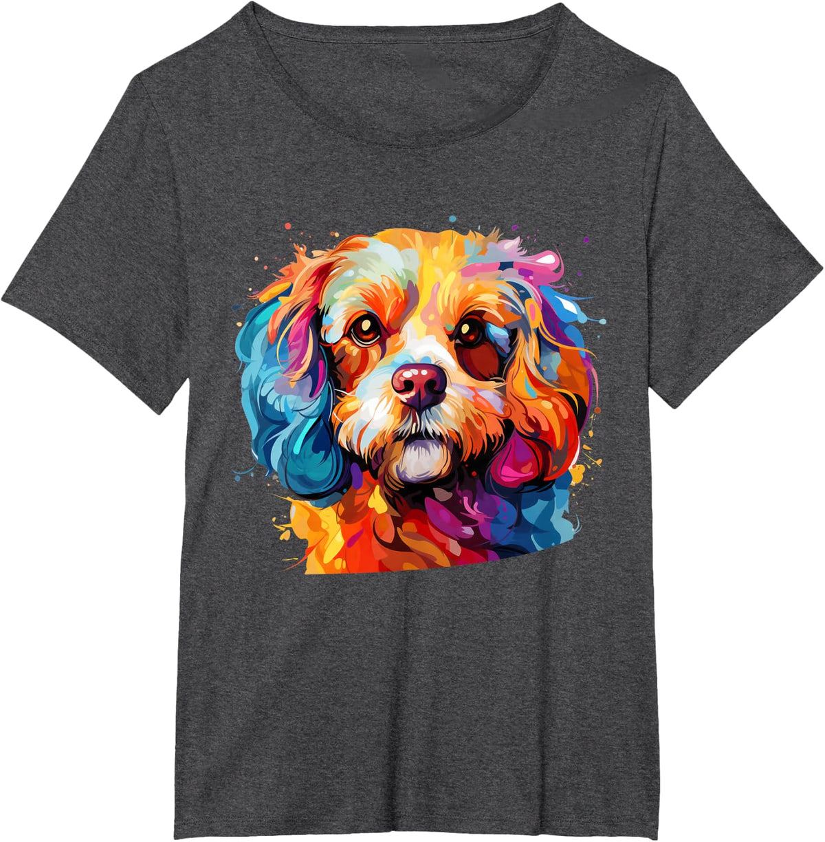 Cavapoo Portrait, Portrait Colour Artwork T-Shirt - Dark Heather Grey