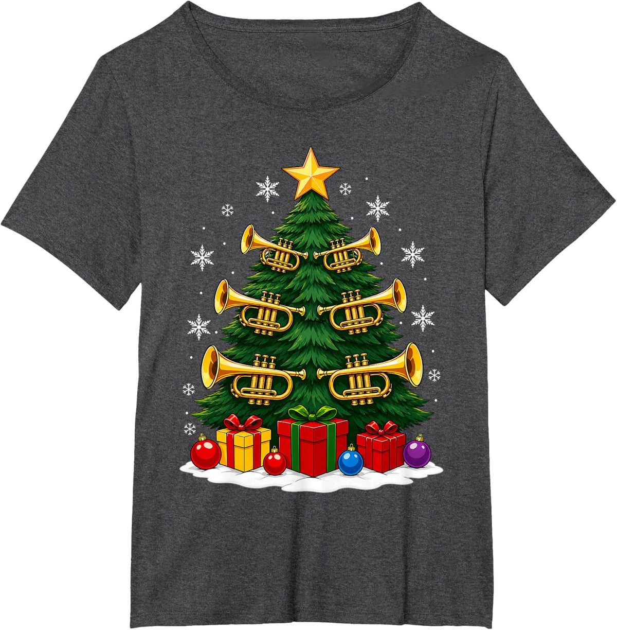 Festive Musical Instruments Trumpet Holiday Christmas Tree T-Shirt - Dark Heather Grey