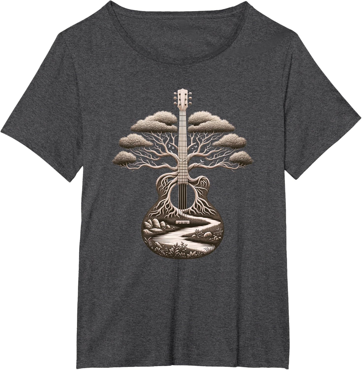 Acoustic Guitar Tree Nature Lover Guitarist Guitar Player T-Shirt - Dark Heather Grey