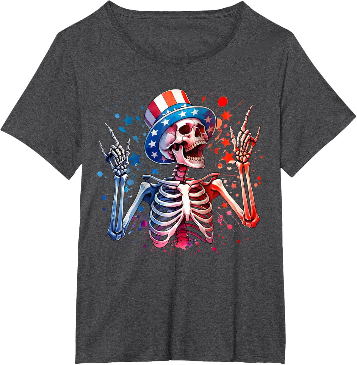 Party in The USA Rock Hand July 4th Funny American Skeleton T-Shirt - Dark Heather Grey