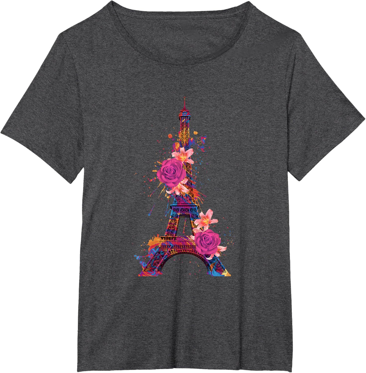 Paris Colorful Eiffel Tower with Rose France Souvenir French T-Shirt - Dark Heather Grey