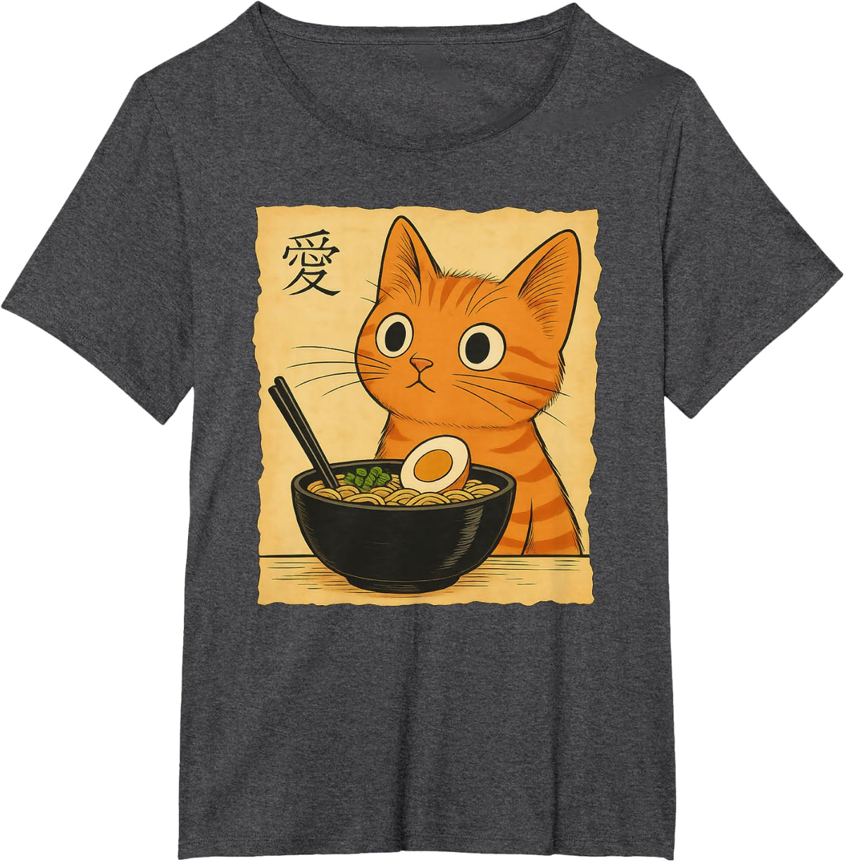 Kawaii Orange Cat Eating Ramen Noodles Japanese T-Shirt - Dark Heather Grey