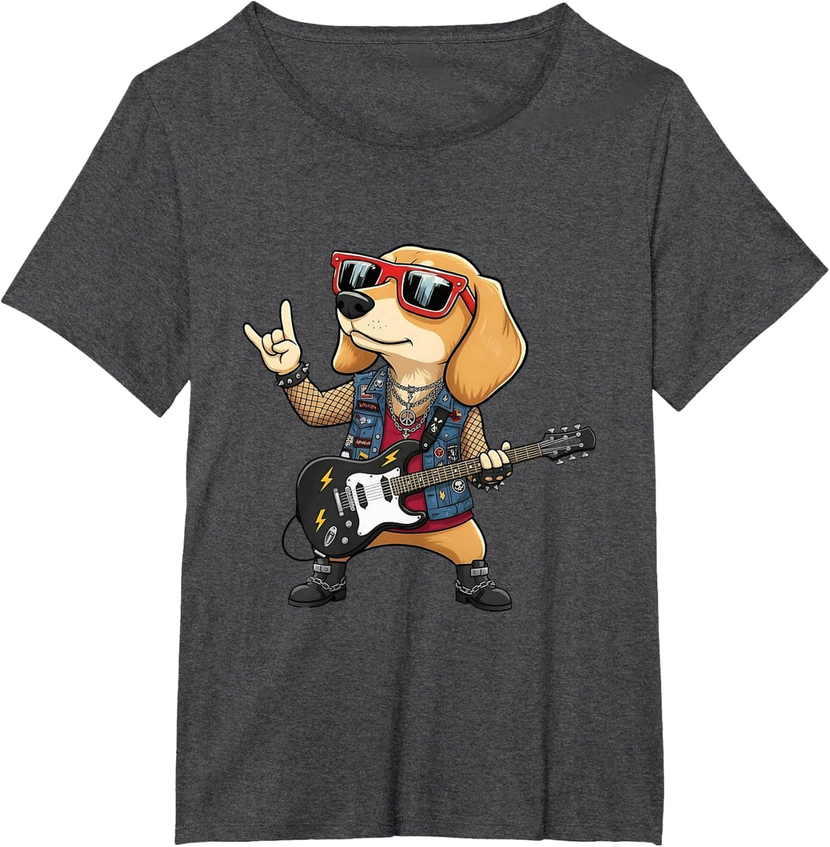 Dachshund Dog Playing Bass Guitar Guitarist Rocker Pose Cool T-Shirt - Dark Heather Grey