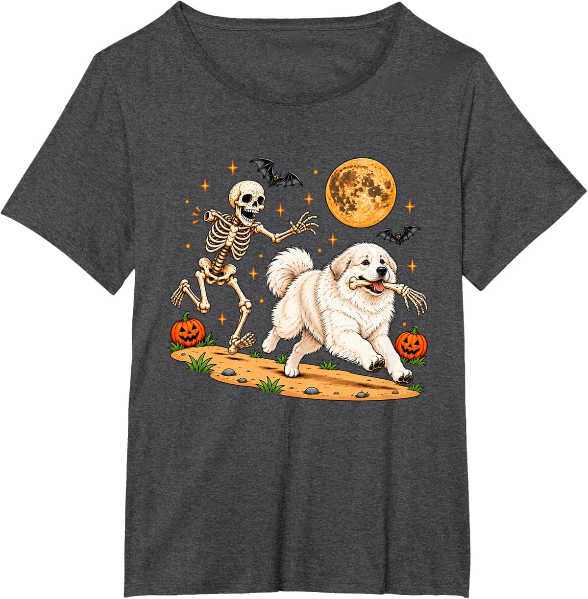 Funny Skeleton Chasing Great Pyrenees Halloween Dog Mom Pet T-Shirt - Dark Heather Grey