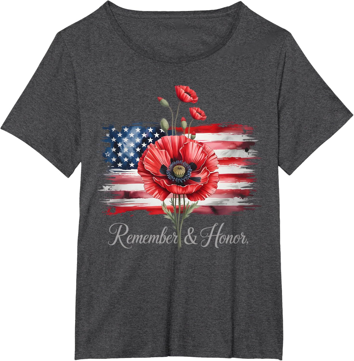 Veterans Day USA Memorial Day Red Poppy Flower Military T-Shirt - Dark Heather Grey