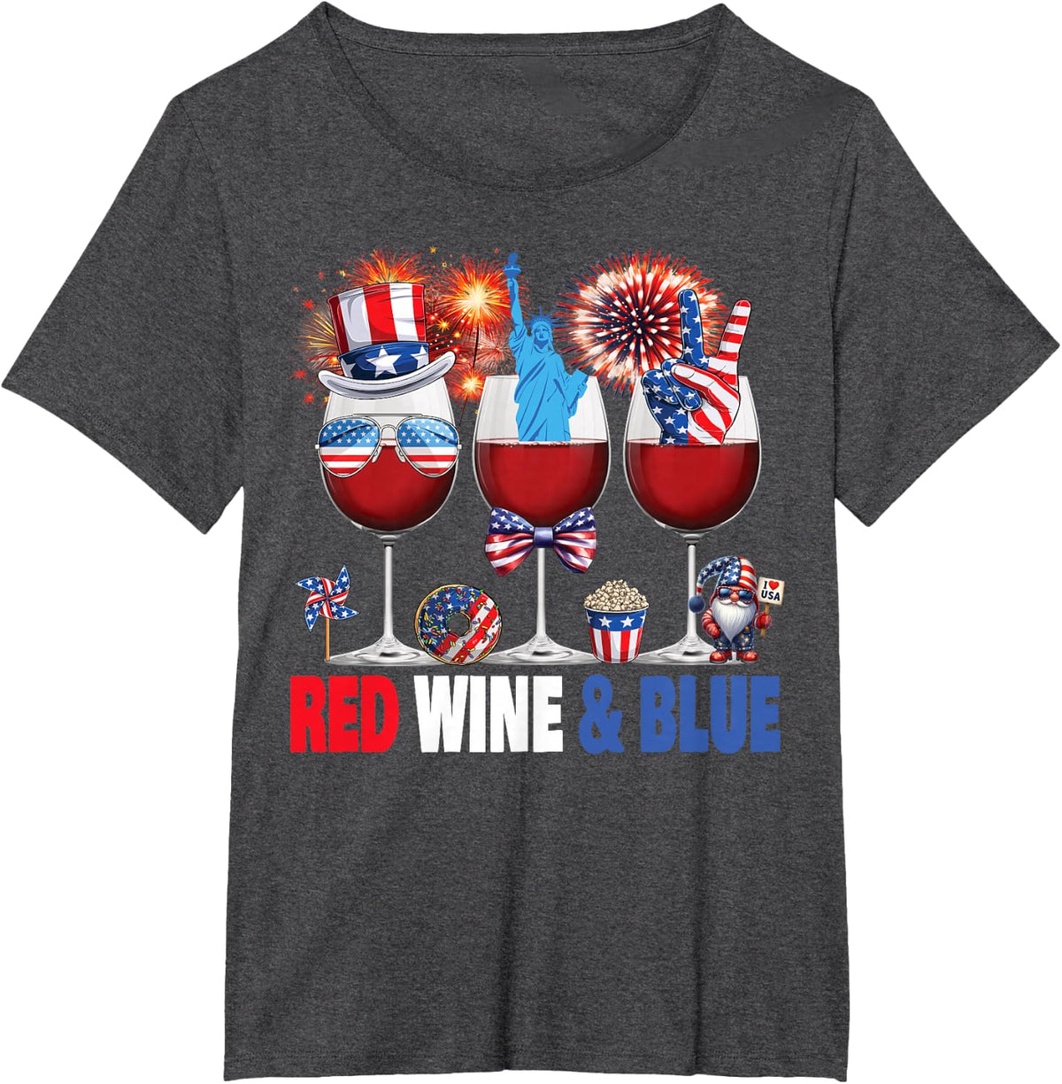 Red Wine Blue Wine Glasses Patriotic USA Flag 4th of July T-Shirt - Dark Heather Grey