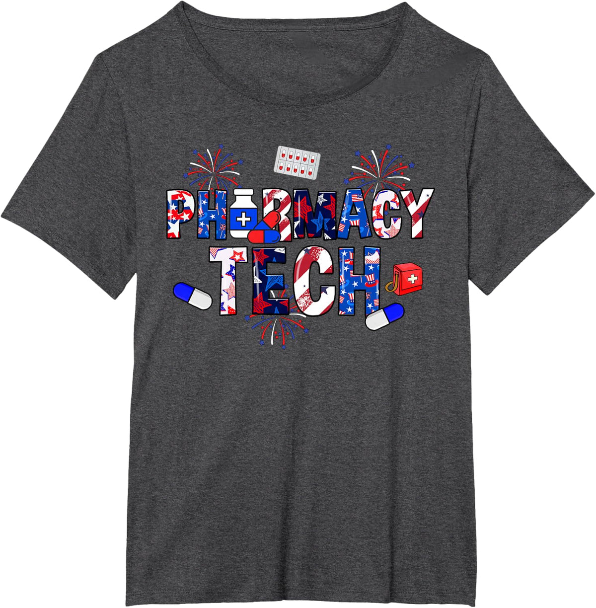 Pharmacy Tech Stethoscope USA Flag Patriotic 4th Of July T-Shirt for Women Men - Dark Heather Grey