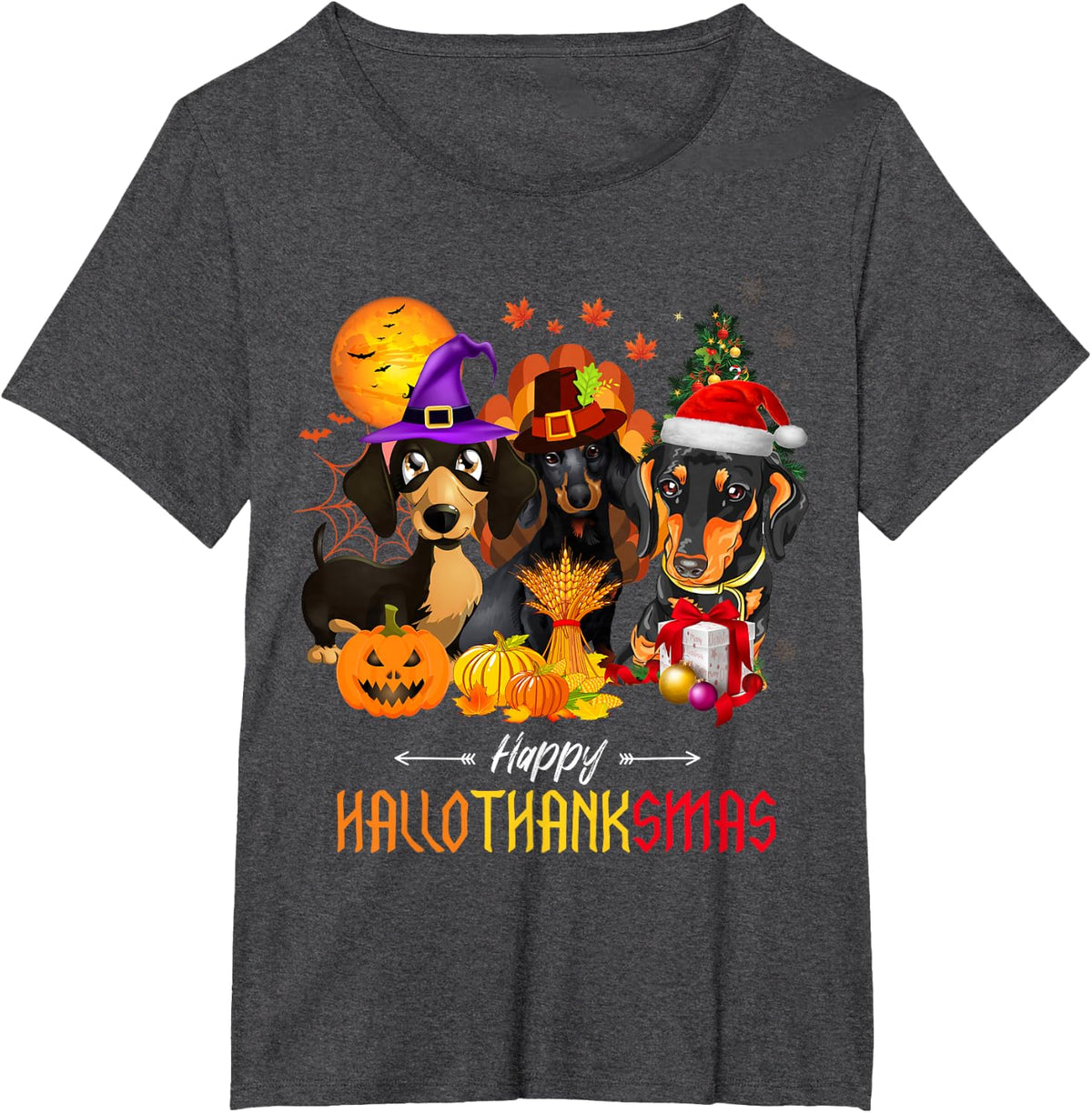 Dachshund Dog Halloween Merry Christmas Happy Hallothanksmas Men Women Kids T-Shirt - Dark Heather Grey