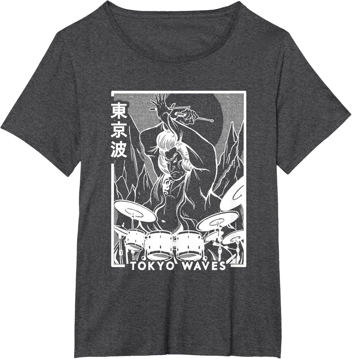 Samurai Playing Drums Japanese Futurism Japan Art Drummer T-Shirt - Dark Heather Grey