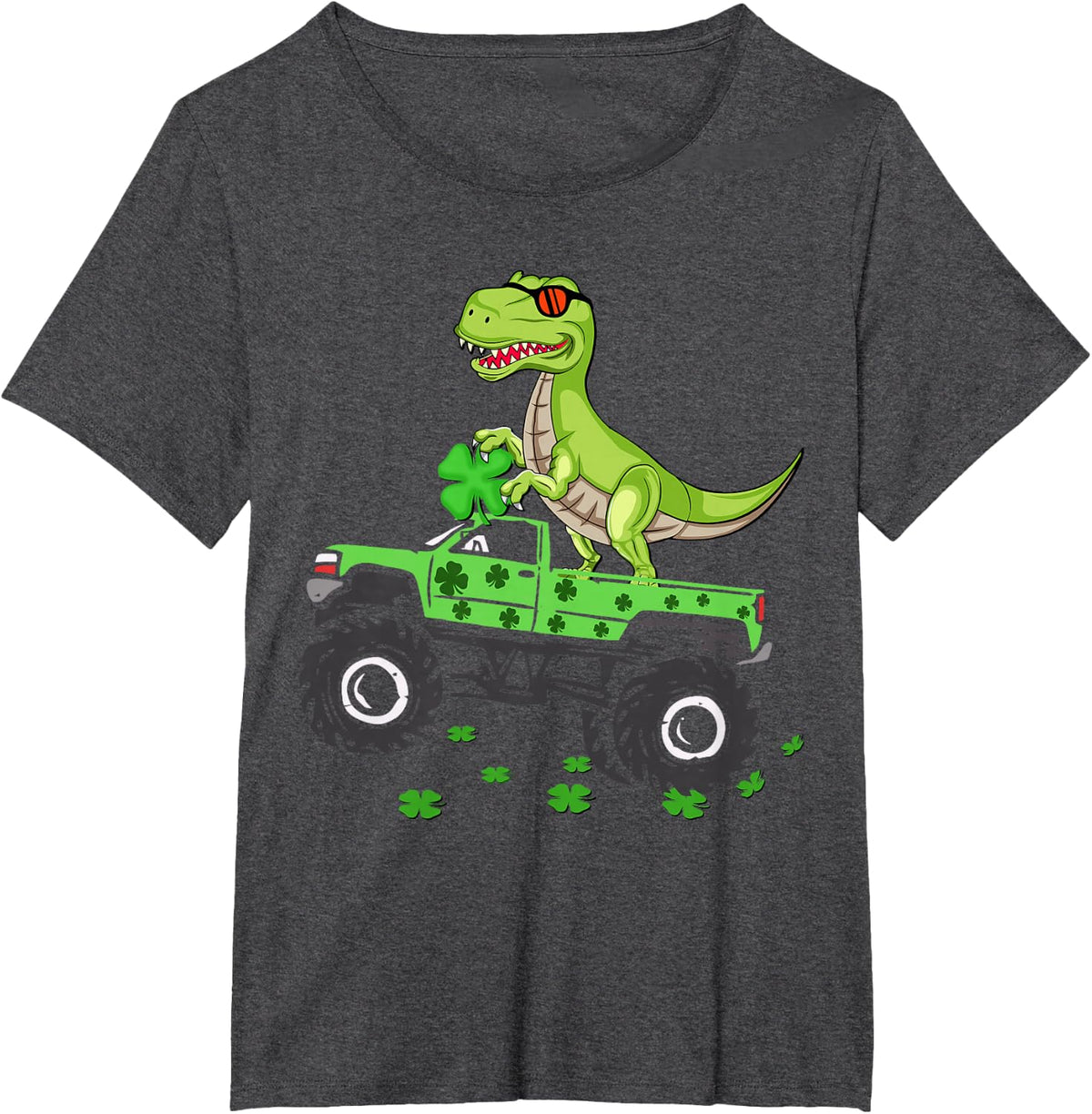 St Patricks Day Boys Kids Shamrock Lucky Truck trex Irish T-Shirt - Dark Heather Grey