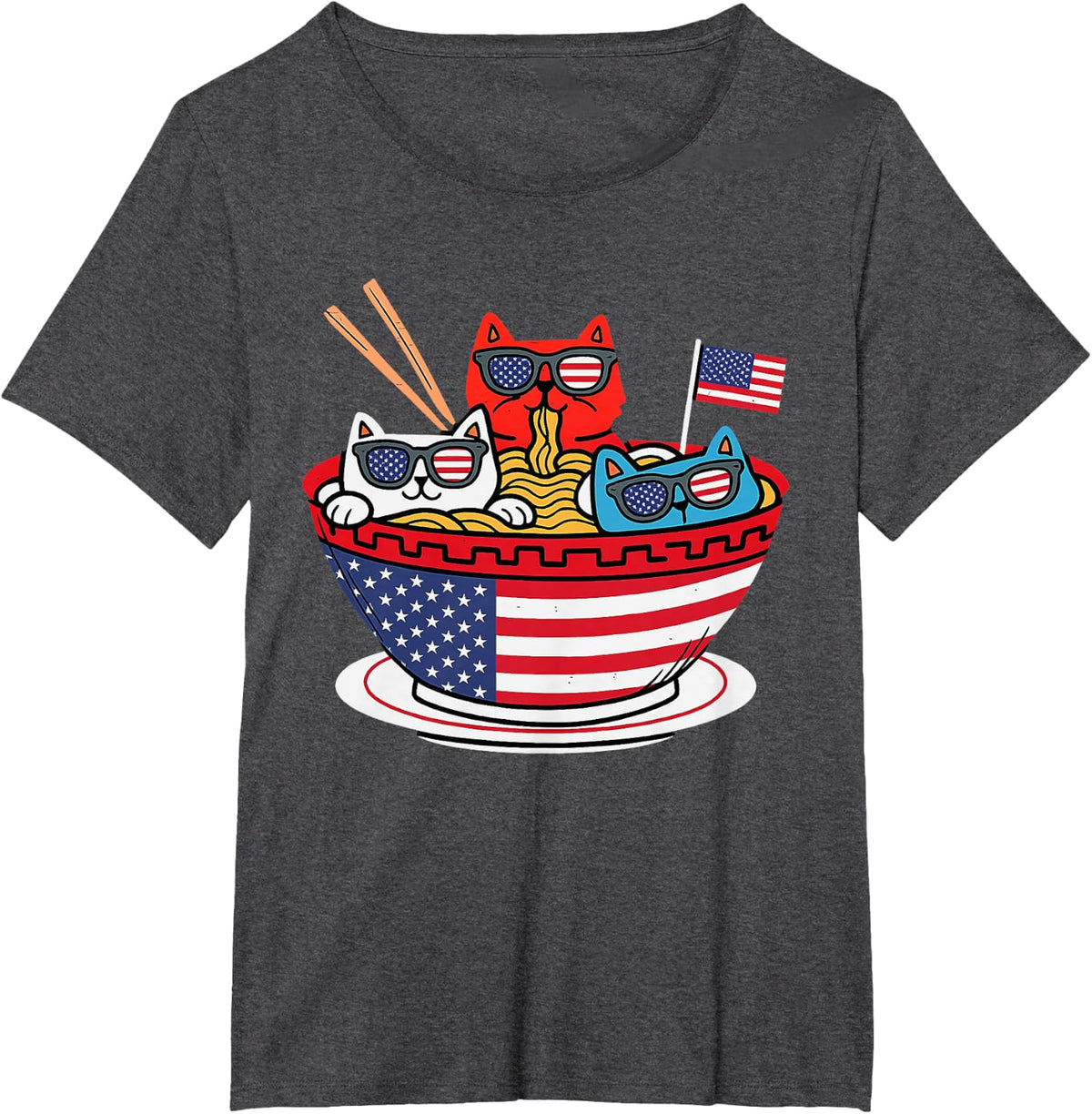 Funny Cats Ramen Anime Lover USA American Pride 4th Of July T-Shirt - Dark Heather Grey