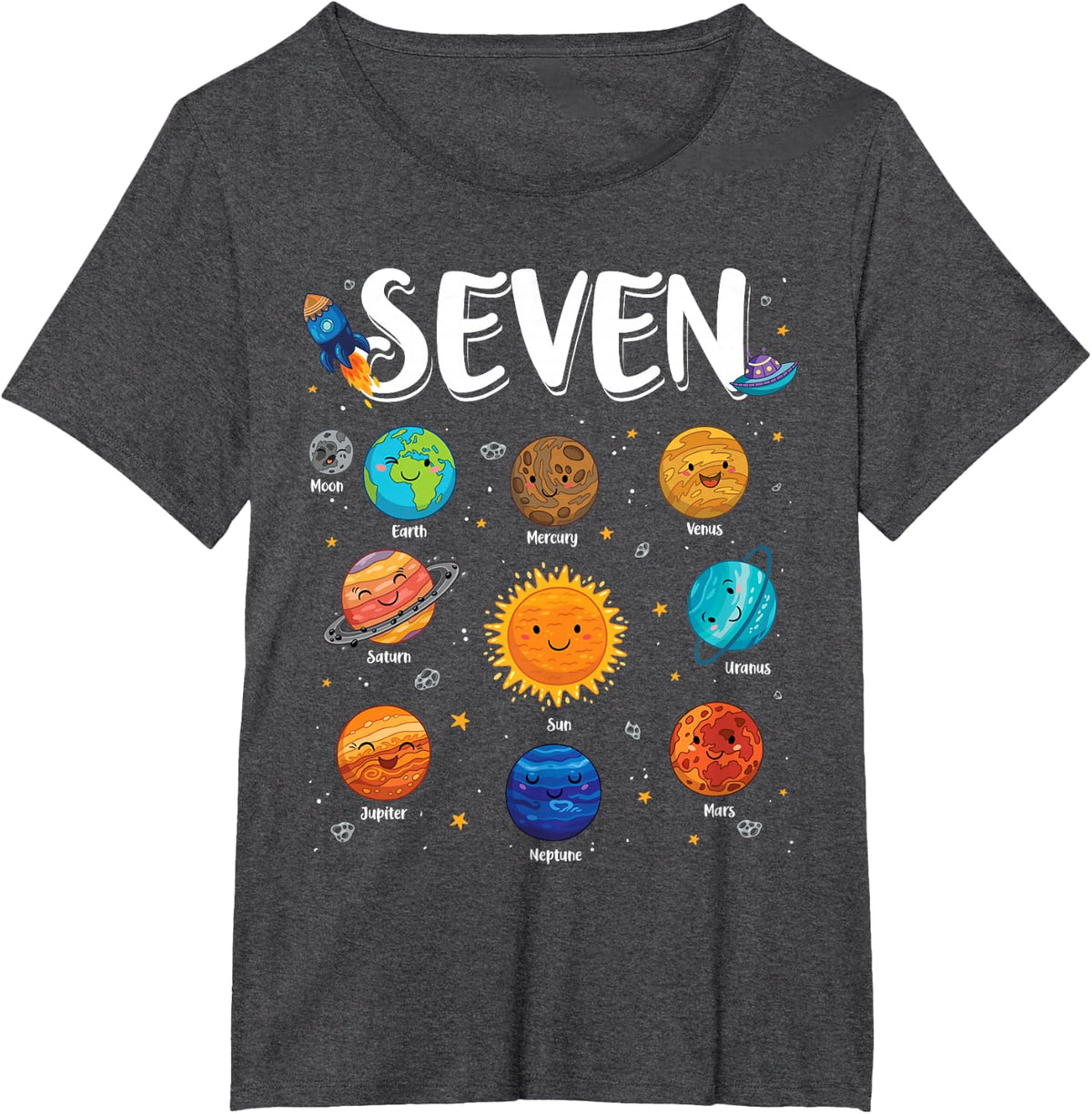 Solar System Planets 7 Seven Years Old 7th Birthday Boy Girl T-Shirt - Dark Heather Grey