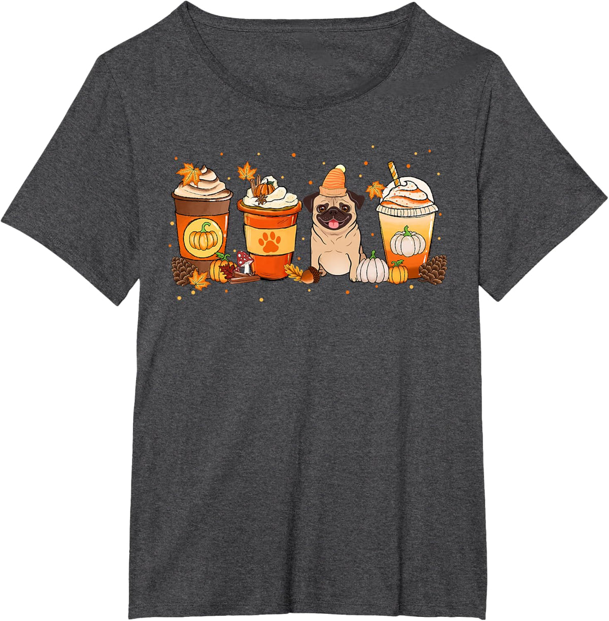 Pumpkin Spice Latte Pug Fall Autumn Tees T Shirts Thanksgiving - Dark Heather Grey