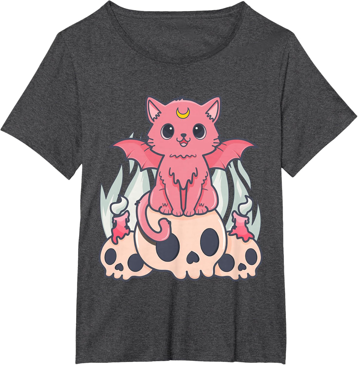 Kawaii Pastel Goth Cute Creepy Demon Cat and Skull Anime Art T-Shirt - Dark Heather Grey