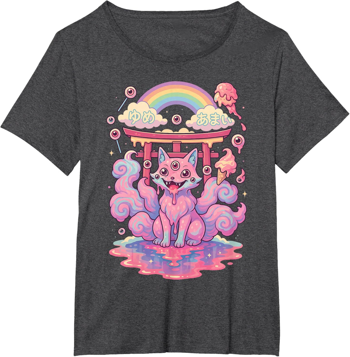 Kitsune Weirdcore Surreal Japanese Fox Kawaii T-Shirt - Dark Heather Grey