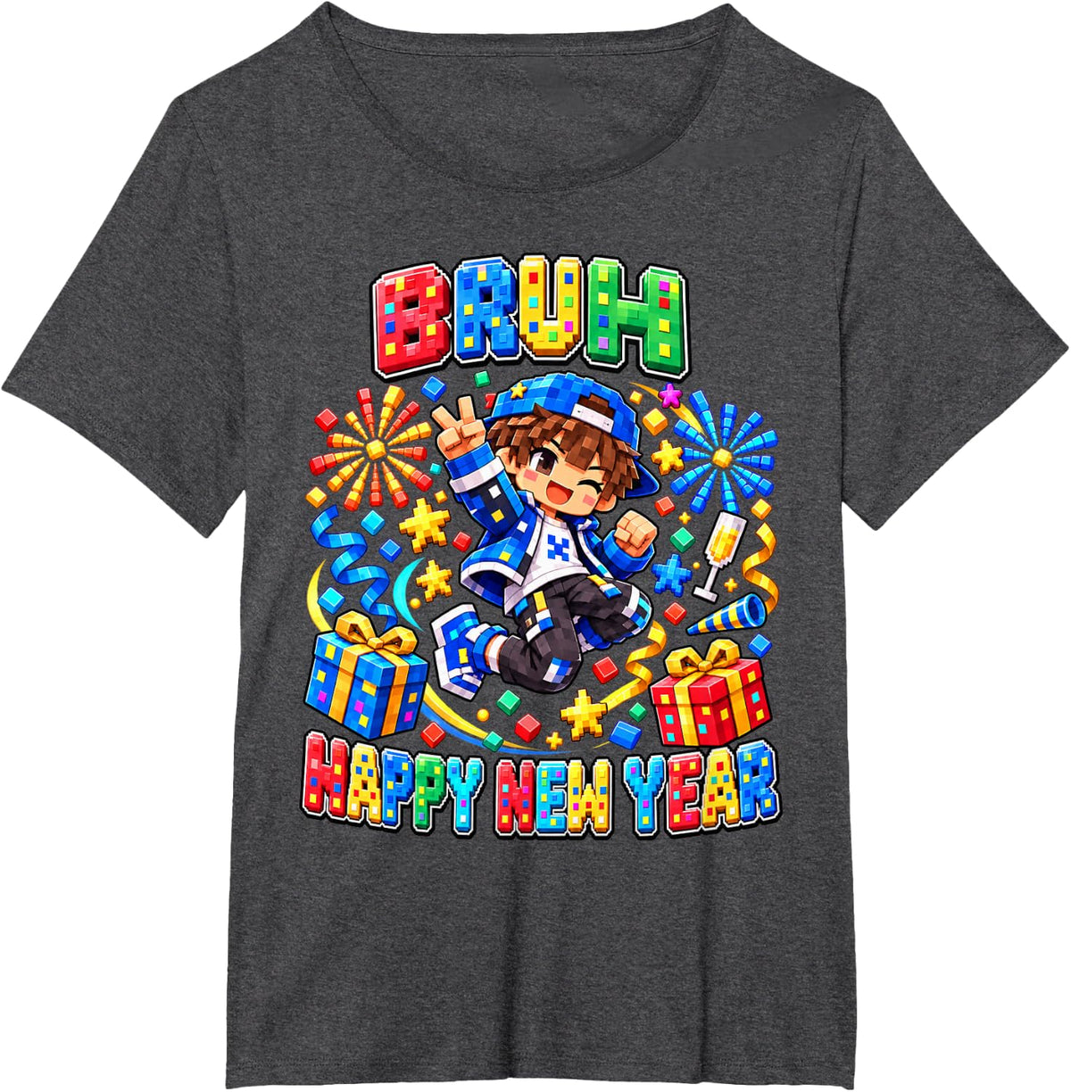 Dabbing Pixel Boy Gamer Shirt Bruh Its New Year Boy T-Shirt - Dark Heather Grey