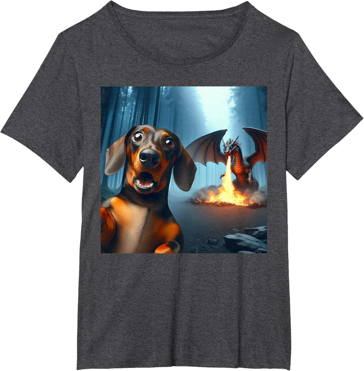 Dachshund Selfie with dragon surprised Dachshund dragon T-Shirt - Dark Heather Grey