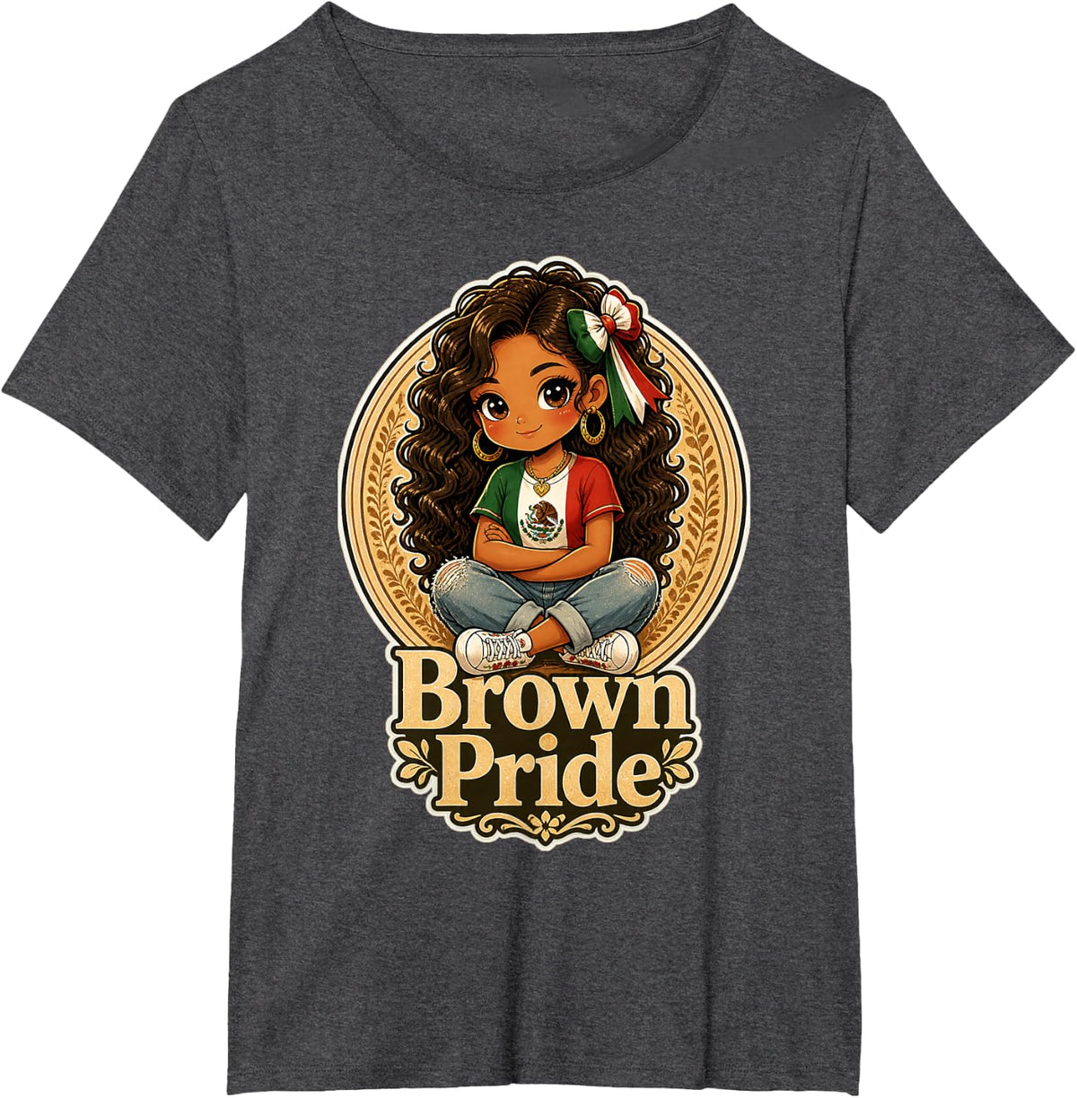 Brown Pride Chicana Chola Chibi Girl Hispanic Heritage Month T-Shirt - Dark Heather Grey