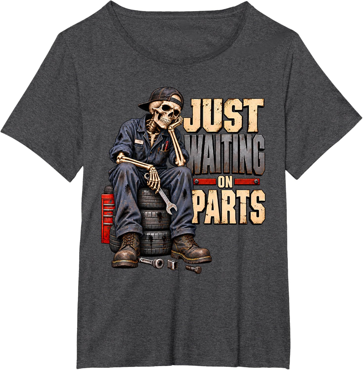Mechanic Skeleton Top Garage Workwear Just Waiting On Parts T-Shirt - Dark Heather Grey